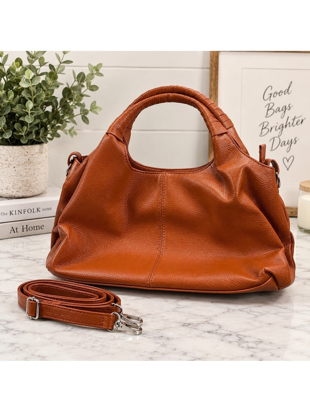 Brown Pebbled Faux Leather Satchel Handbag Shoulder Bag w/ Strap
